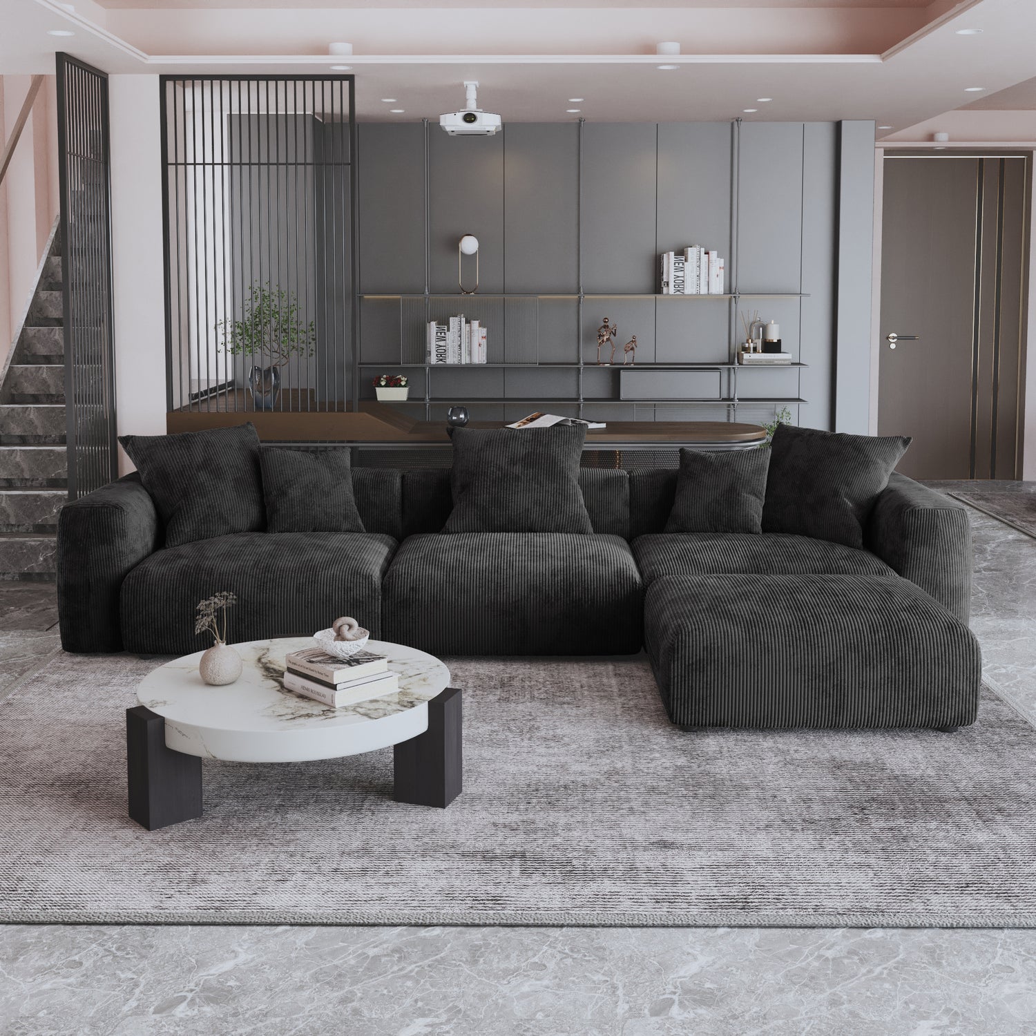 Corduroy 3-Seater Sectional in Obsidian