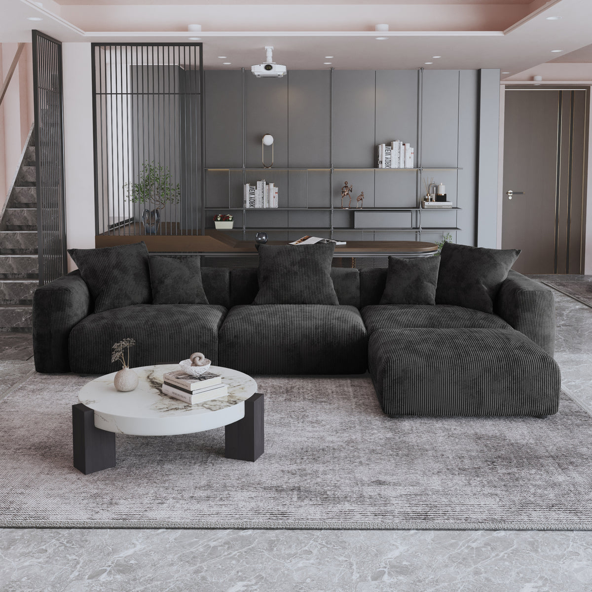 Corduroy 3-Seater Sectional in Obsidian in Obsidian