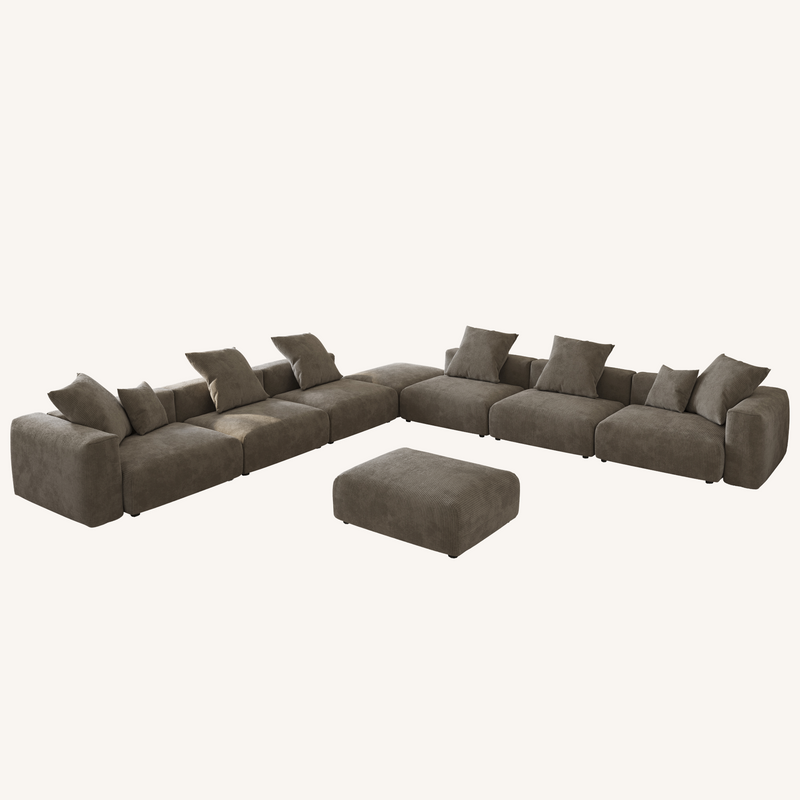 Corduroy 7-Seat Corner Sectional + Ottoman in Mocha