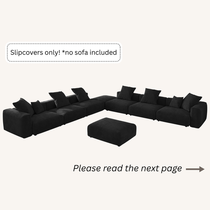 Slipcovers only! Corduroy 7-Seat Corner Sectional + Ottoman in Obsidian