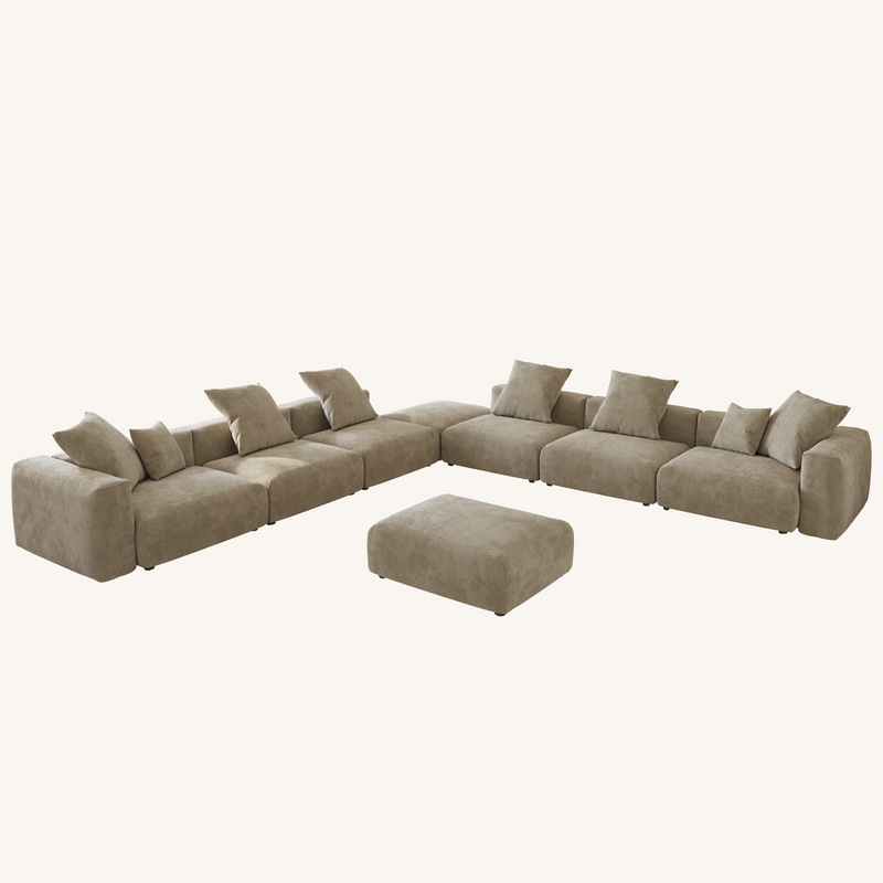 Corduroy 7-Seat Corner Sectional + Ottoman in Sandstone