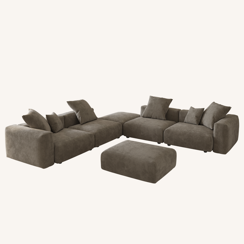 Corduroy 5-Seat Corner Sectional + Ottoman in Mocha