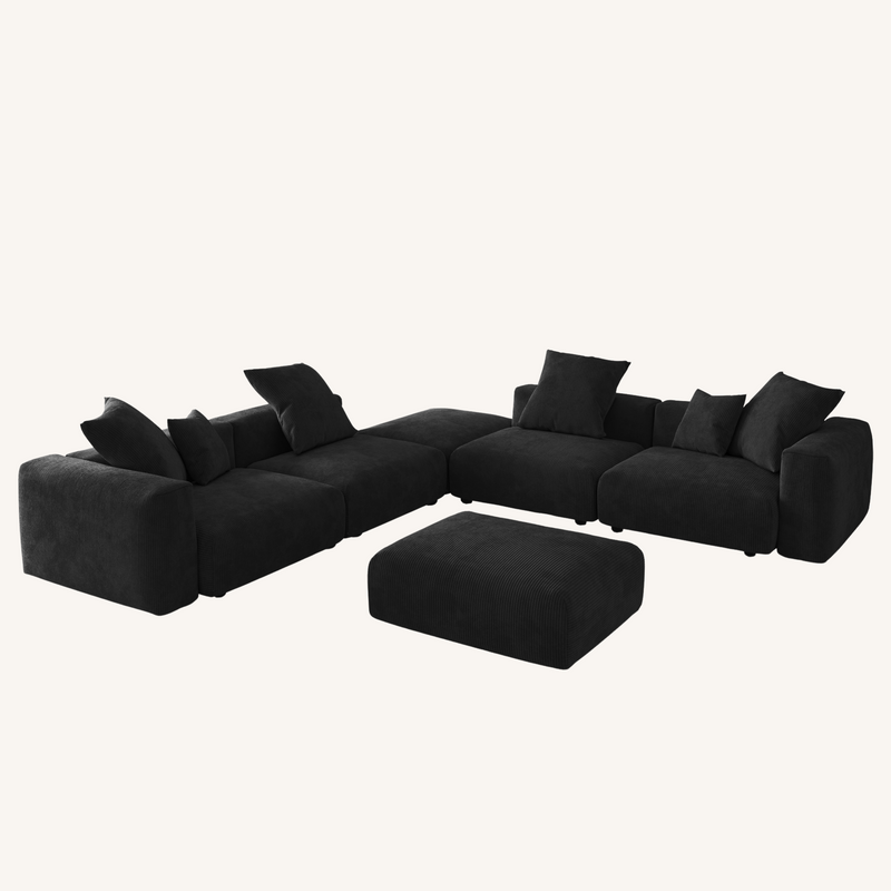Corduroy 5-Seat Corner Sectional + Ottoman in Obsidian
