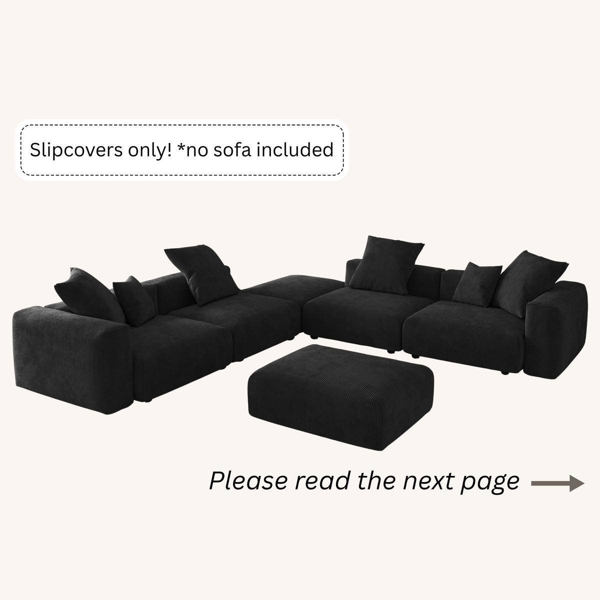 Slipcovers only! Corduroy 5-Seat Corner Sectional + Ottoman in Obsidian
