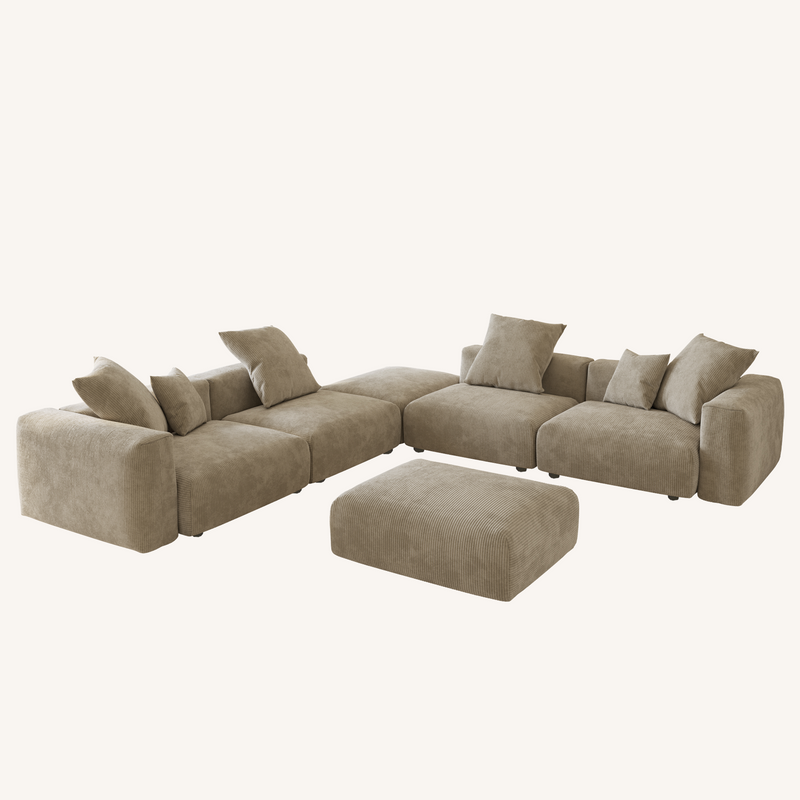 Corduroy 5-Seat Corner Sectional + Ottoman in Sandstone