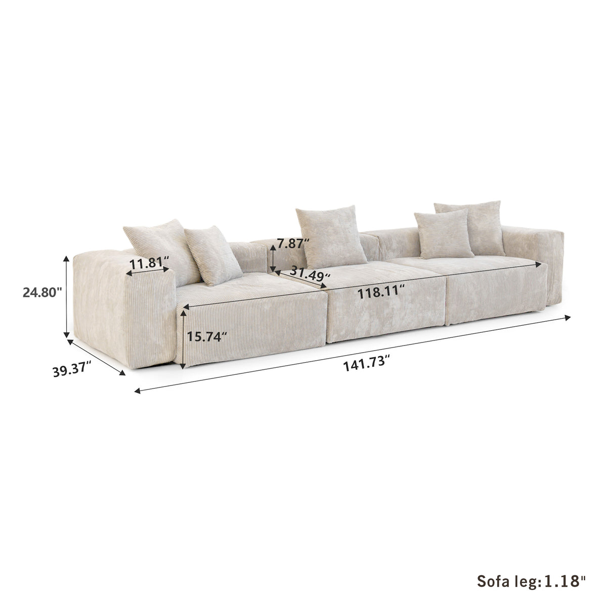Dimensions for Corduroy 3-Seater Sofa in Sandstone in Sandstone