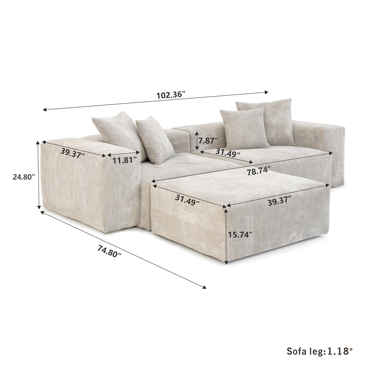 Dimensions for Corduroy 2-Seater Sectional in Sandstone in Sandstone