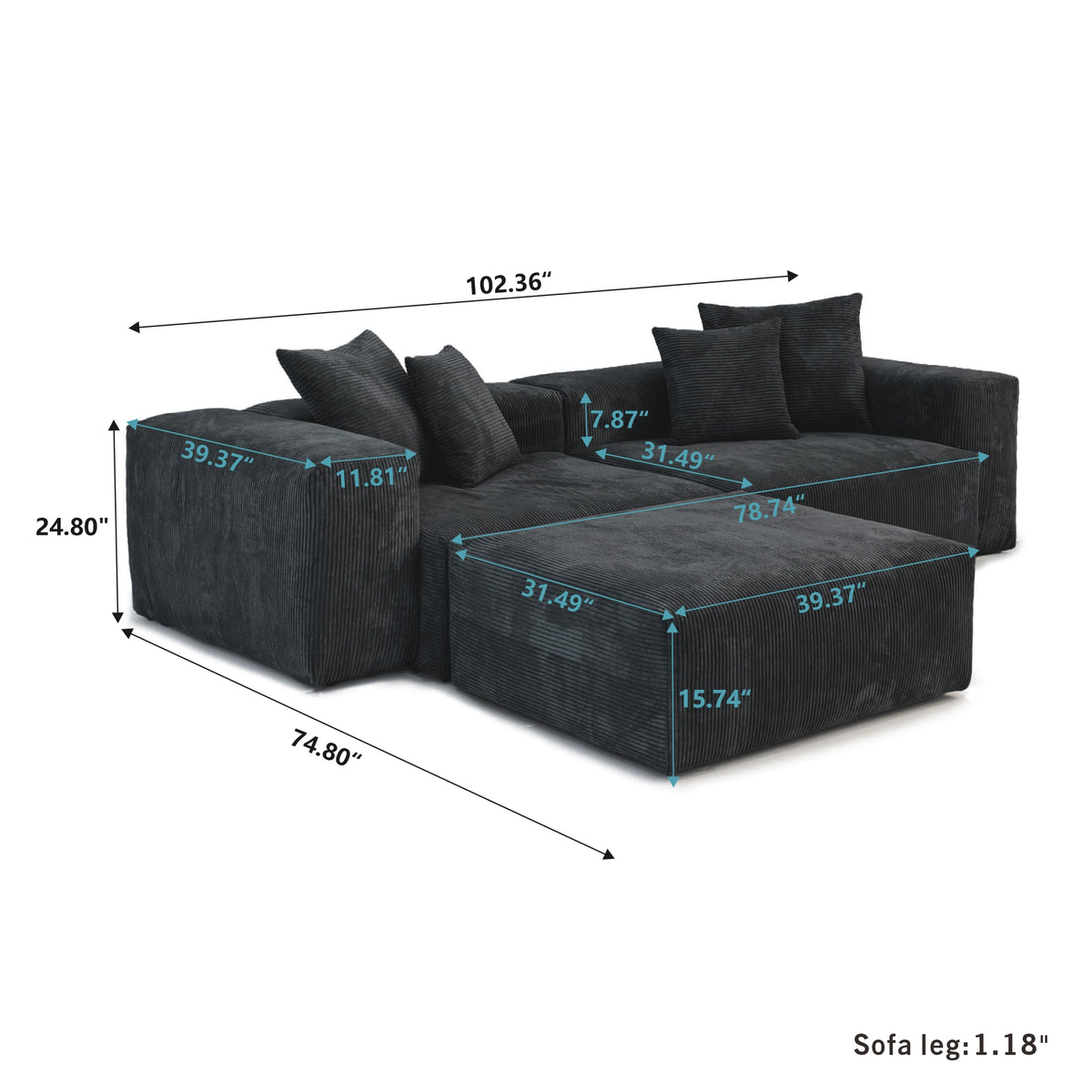 Dimensions for Corduroy 2-Seater Sectional in Obsidian in Obsidian