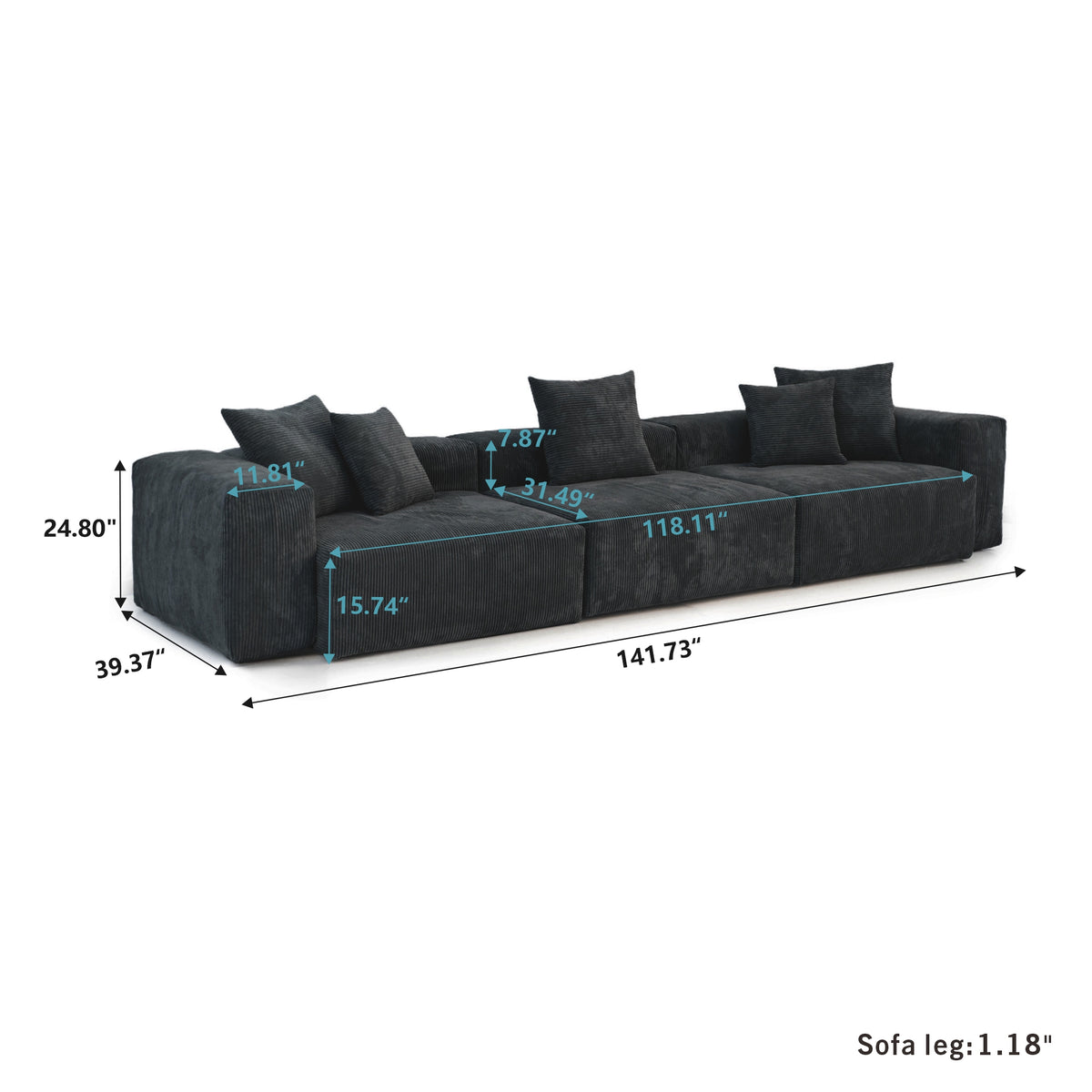 Dimensions for Corduroy 3-Seater Sofa in Obsidian in Obsidian
