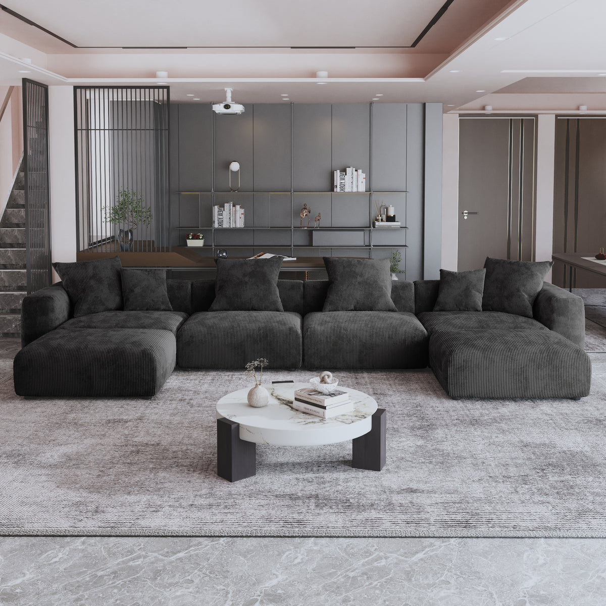 Corduroy 4-Seater U-Sectional in Obsidian in Obsidian