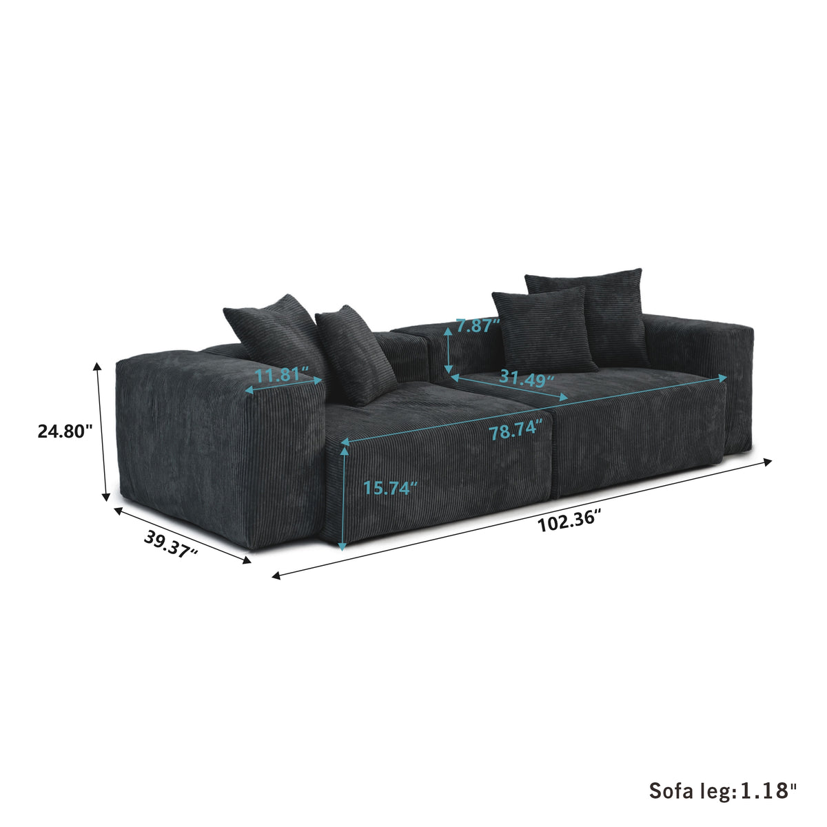 Dimensions for Corduroy 2-Seater Sofa in Obsidian in Obsidian