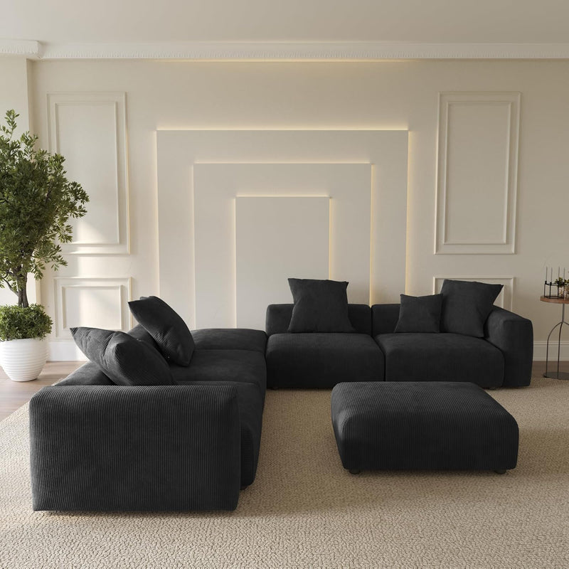 Corduroy 5-Seat Corner Sectional + Ottoman in Obsidian