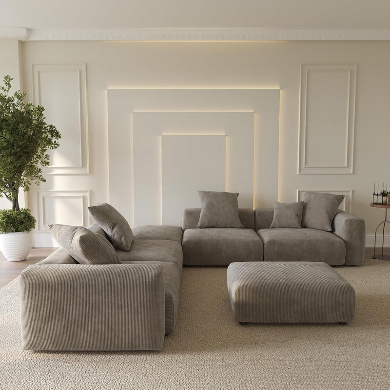 Corduroy 5-Seat Corner Sectional + Ottoman in Mocha