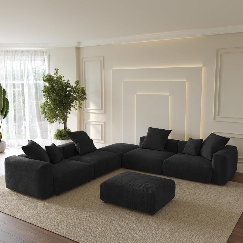 Corduroy 5-Seat Corner Sectional + Ottoman in Obsidian
