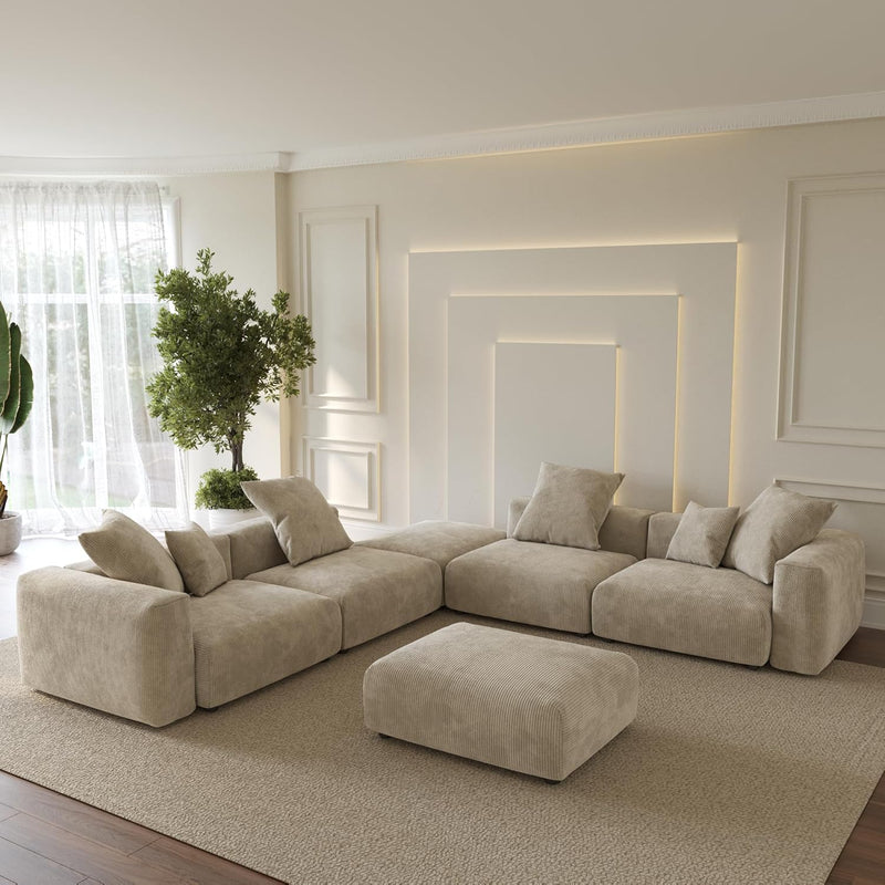 Corduroy 5-Seat Corner Sectional + Ottoman in Sandstone