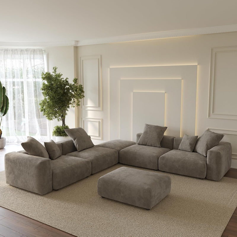 Corduroy 5-Seat Corner Sectional + Ottoman in Mocha