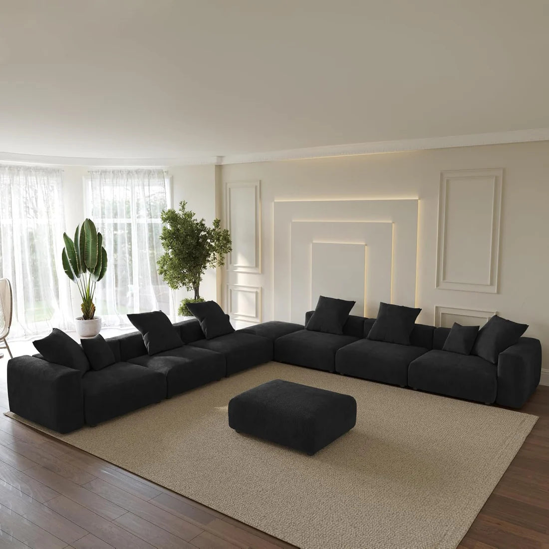 Corduroy 7-Seat Corner Sectional + Ottoman in Obsidian in Obsidian