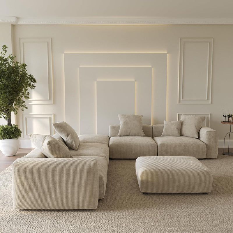Corduroy 5-Seat Corner Sectional + Ottoman in Sandstone