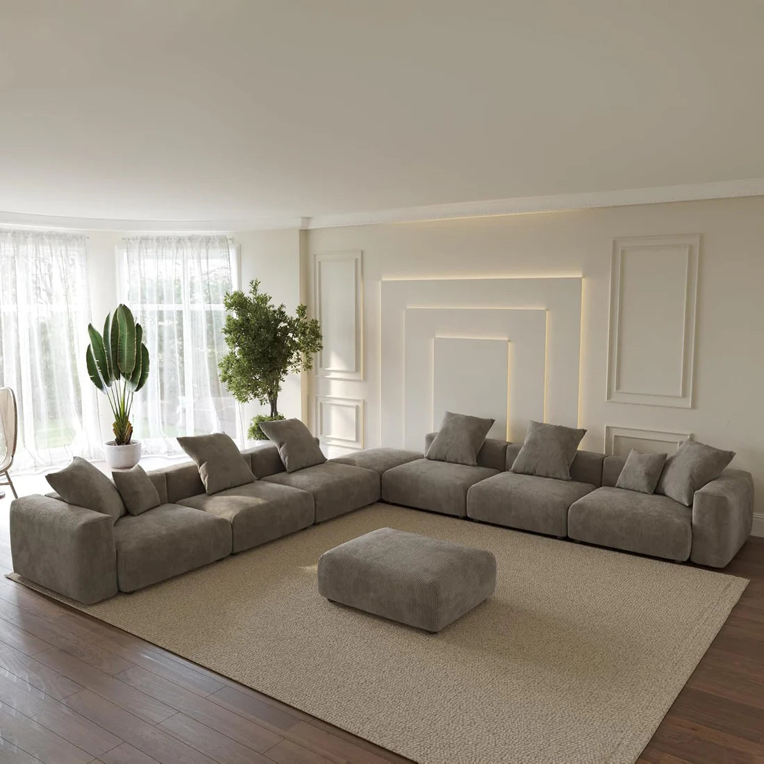 Corduroy 7-Seat Corner Sectional + Ottoman in Mocha in Mocha