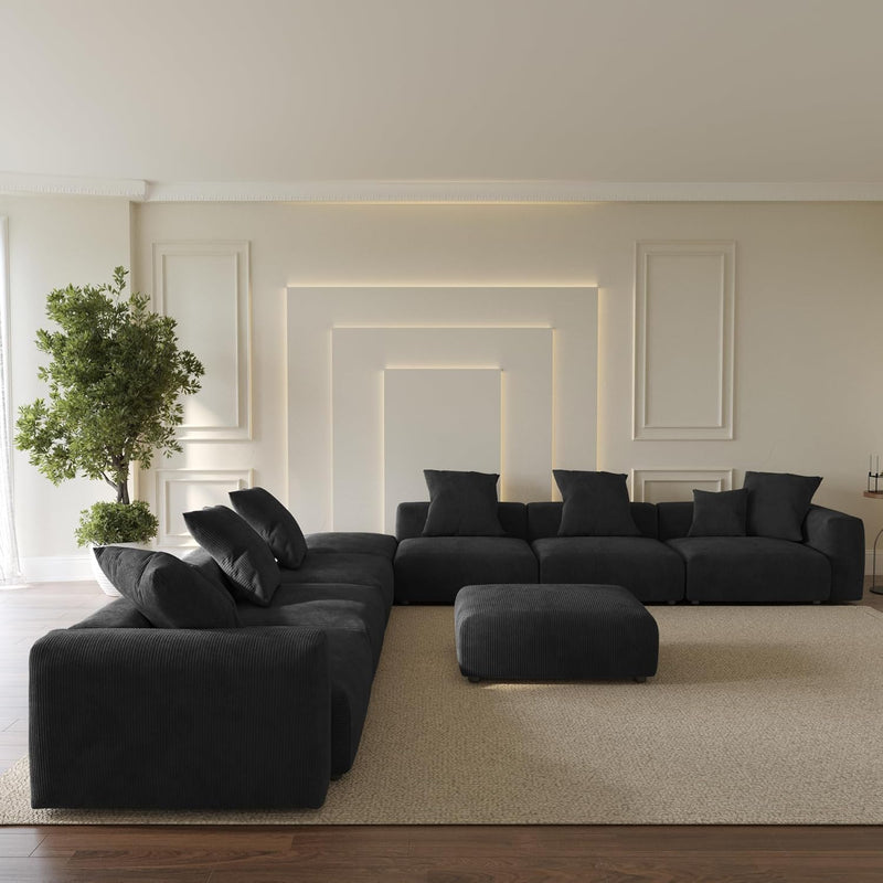 Corduroy 7-Seat Corner Sectional + Ottoman in Obsidian