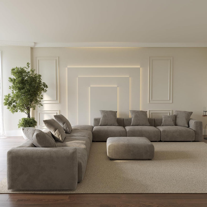 Corduroy 7-Seat Corner Sectional + Ottoman in Mocha