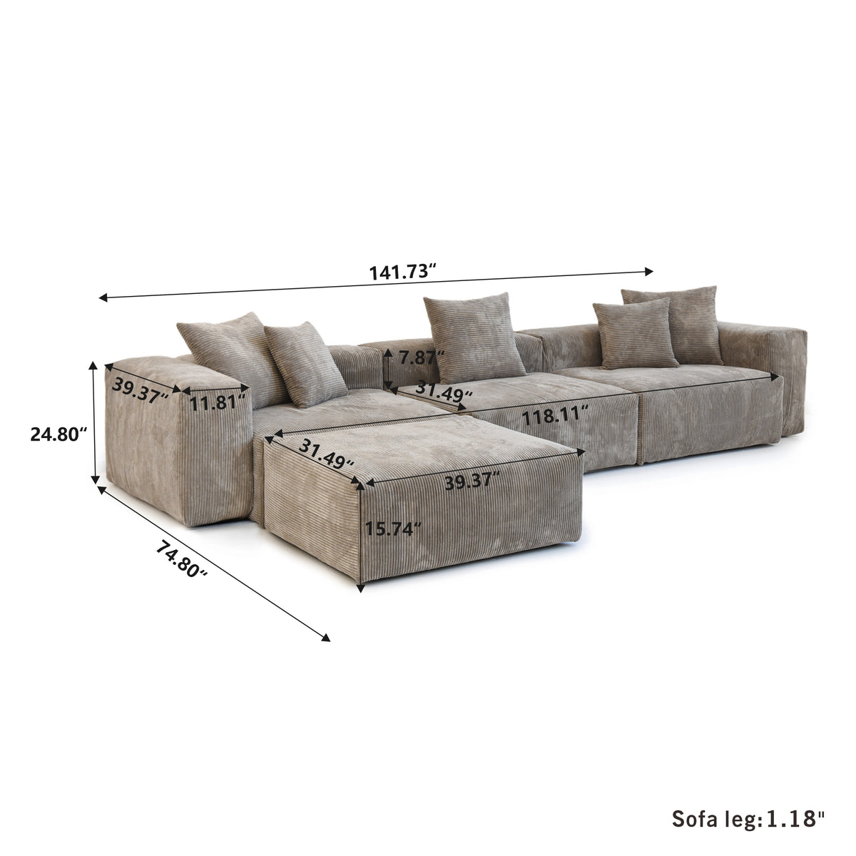 Dimensions for Corduroy 3-Seater Sectional in Mocha in Mocha
