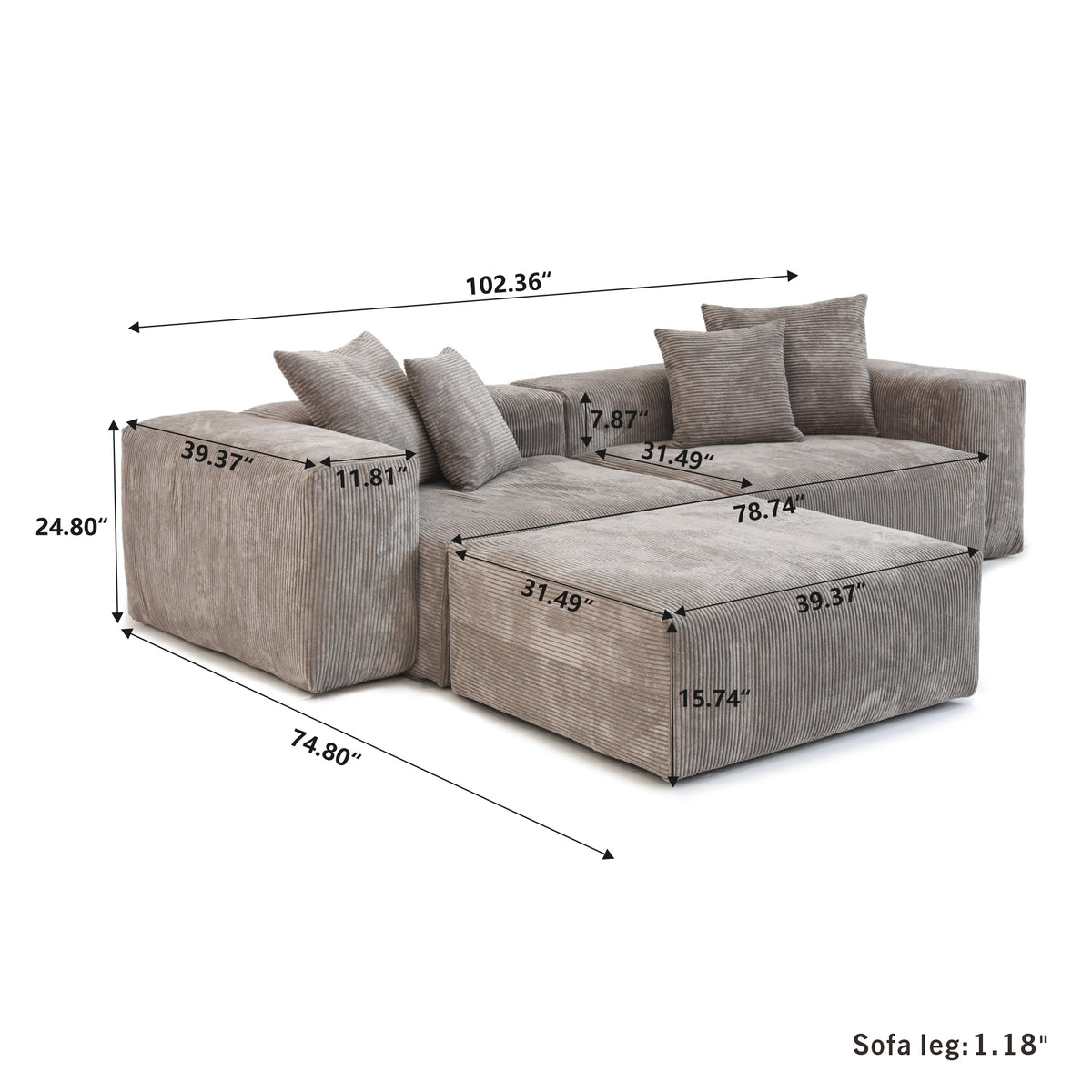 Dimensions for Corduroy 2-Seater Sectional in Mocha in Mocha