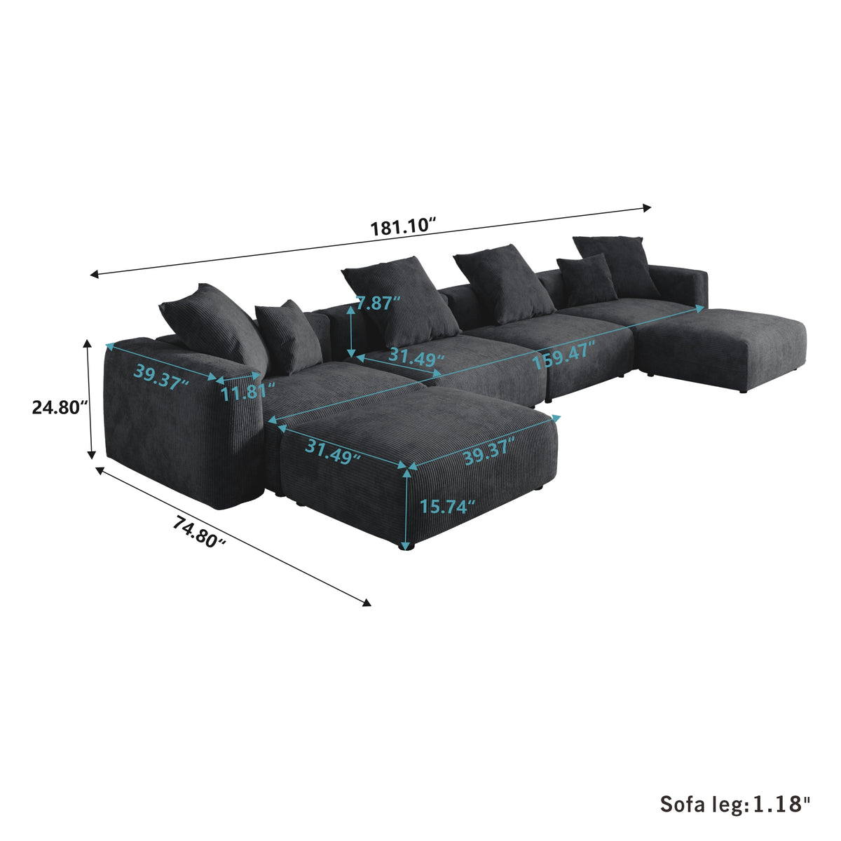 Dimensions for Corduroy 4-Seater U-Sectional in Obsidian in Obsidian