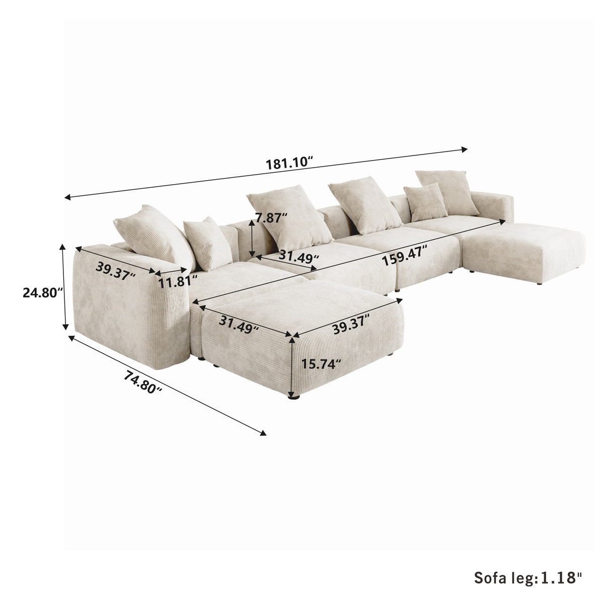 Dimensions for Corduroy 4-Seater U-Sectional in Sandstone in Sandstone