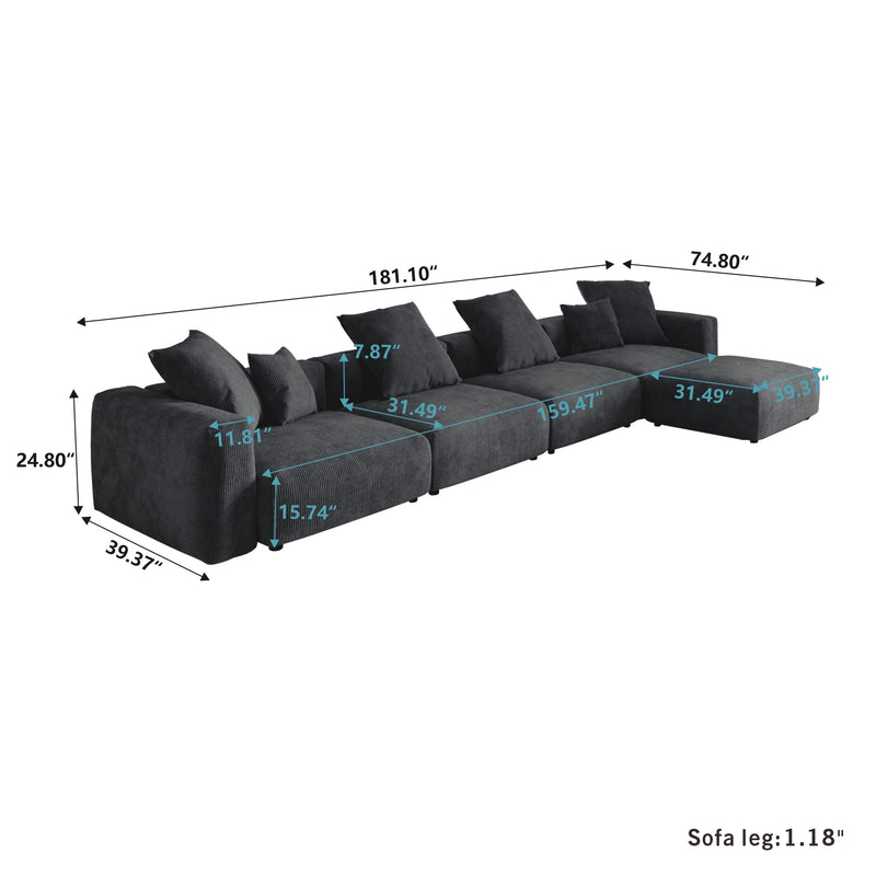 Corduroy 4-Seater Sectional in Obsidian