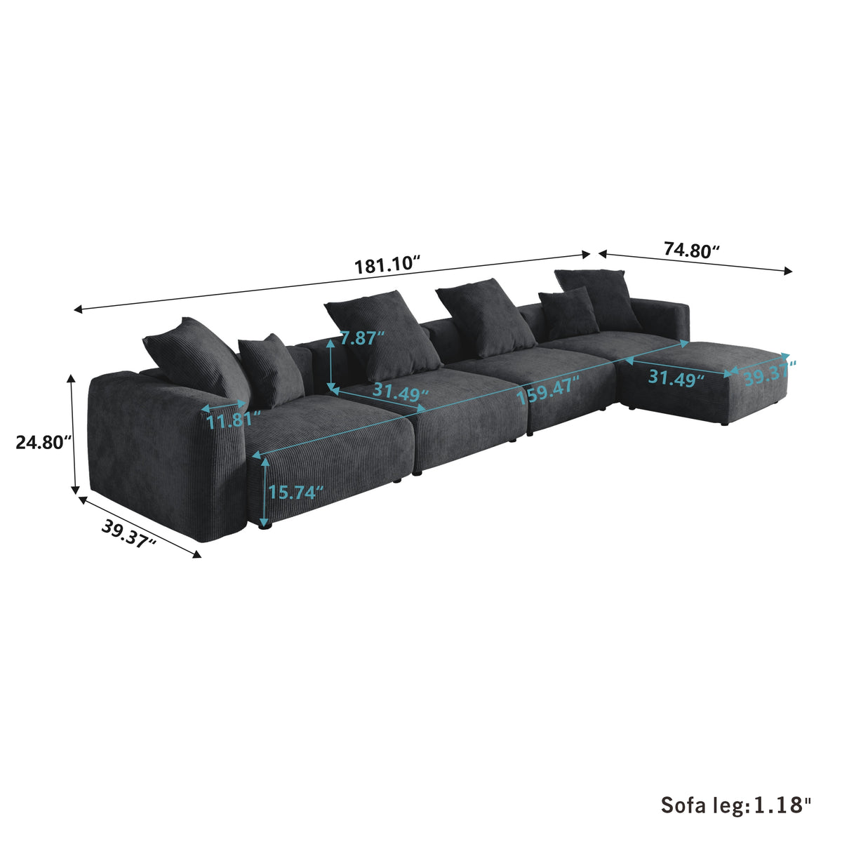 Dimensions for Corduroy 4-Seater Sectional in Obsidian in Obsidian
