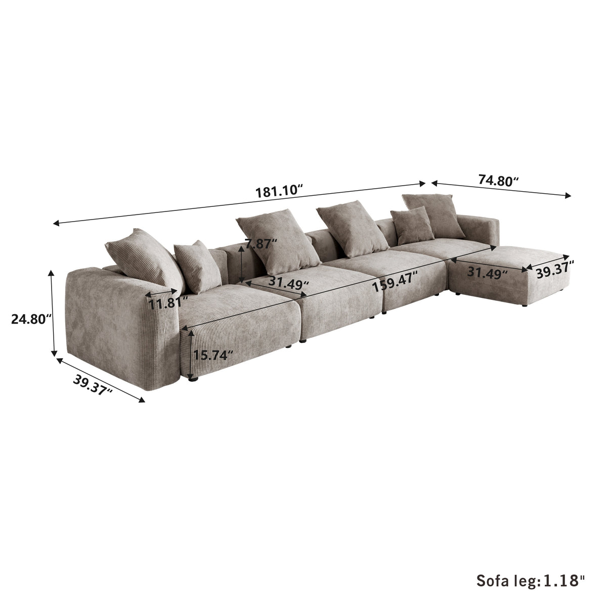 Dimensions for Corduroy 4-Seater Sectional in Mocha in Mocha