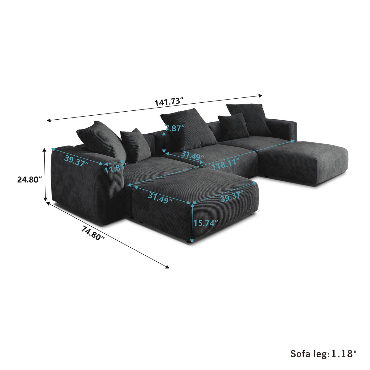 Dimensions for Corduroy 3-Seater U-Sectional in Obsidian in Obsidian