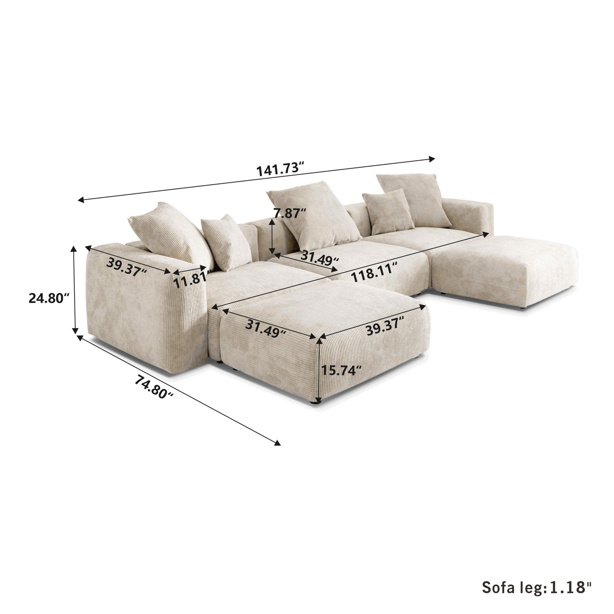Dimensions for Corduroy 3-Seater U-Sectional in Sandstone in Sandstone