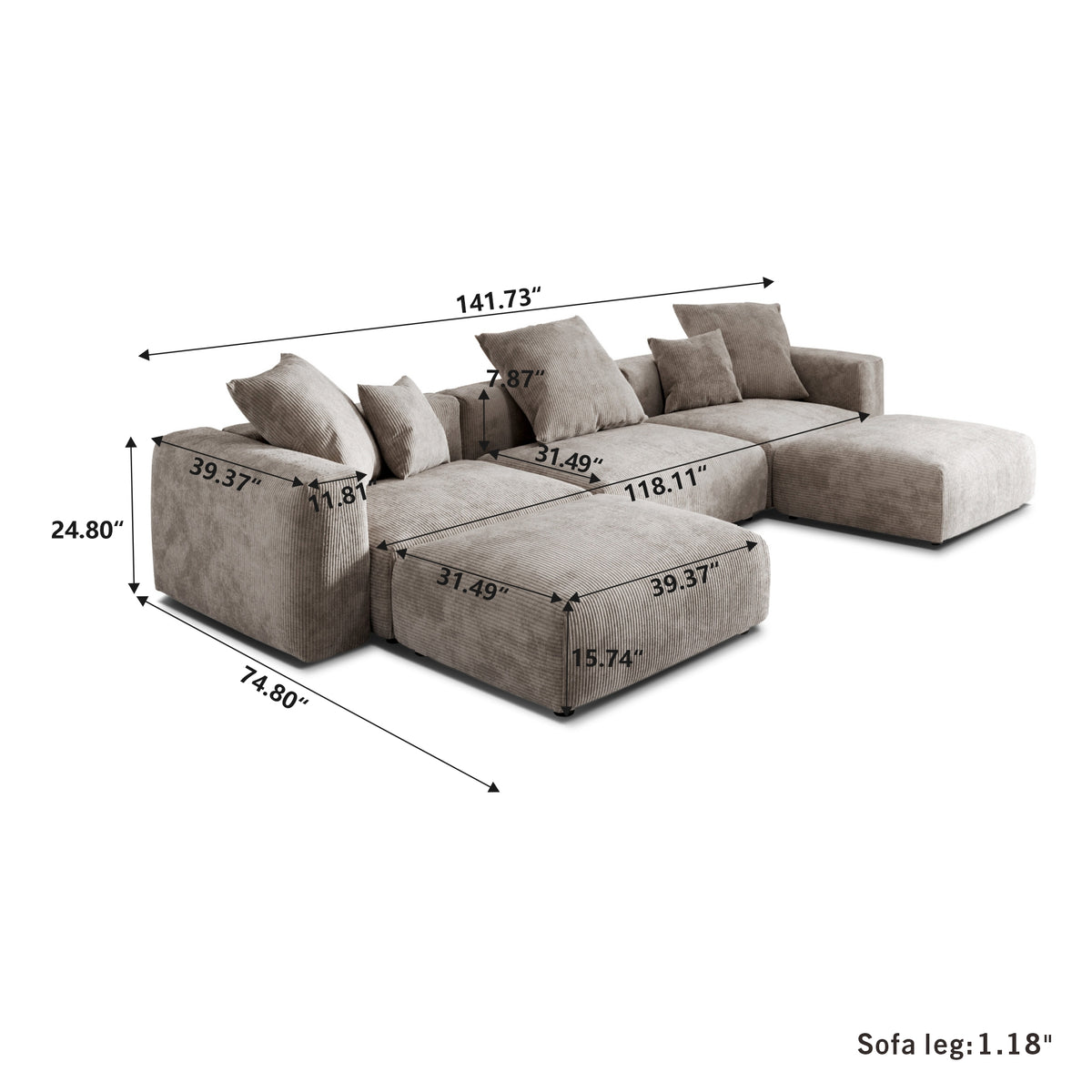 Dimensions for Corduroy 3-Seater U-Sectional in Mocha in Mocha